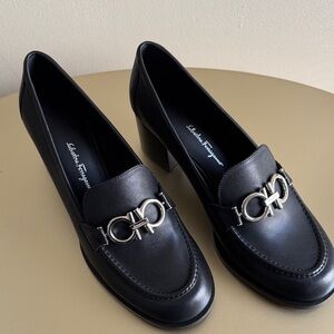 Salvatore Ferragamo Black Leather Loafers with Silver Buckle